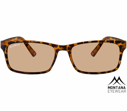 Sunlight (Tortoiseshell) classic unisex reading glasses with rectangular brown tinted lenses and a bold tortoiseshell frame. Front view.