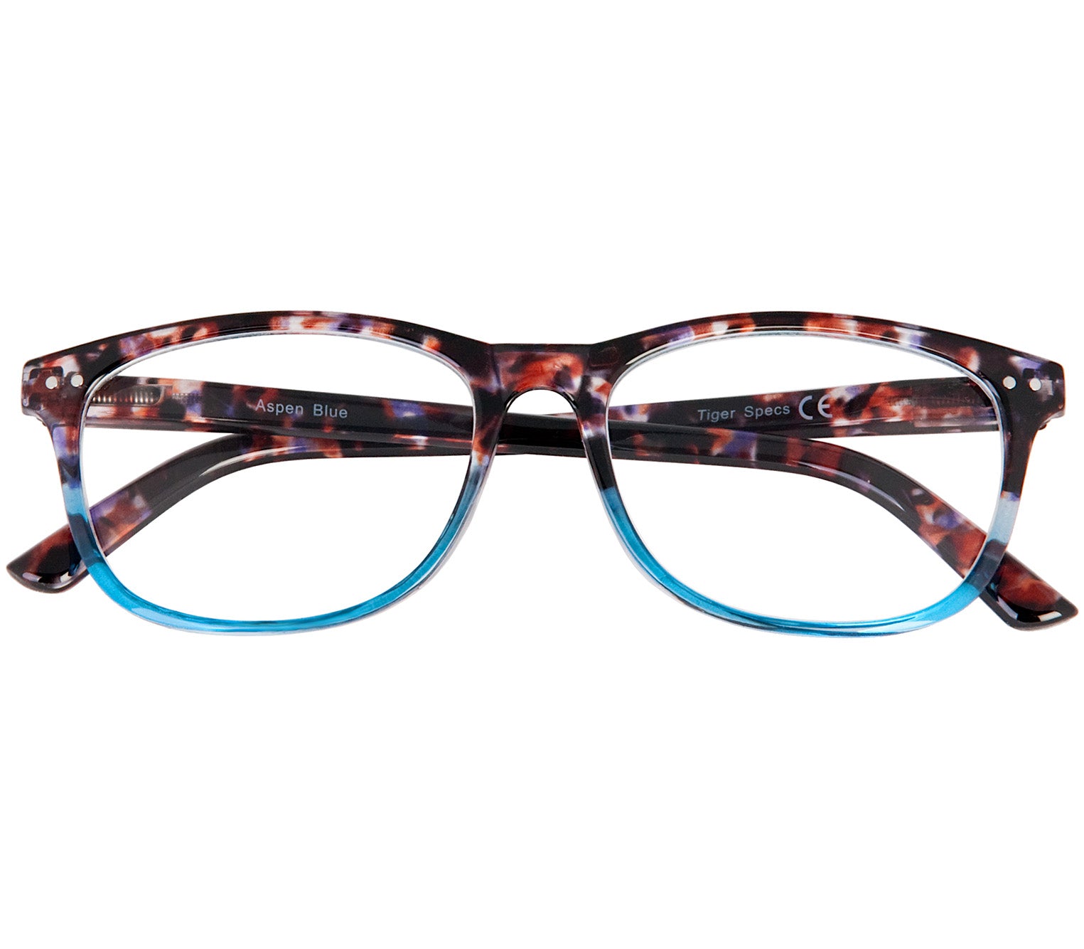 Aspen (Blue) women's retro style reading glasses. Multicoloured frames and a glossy finish. Large oval shaped lenses. Front view.