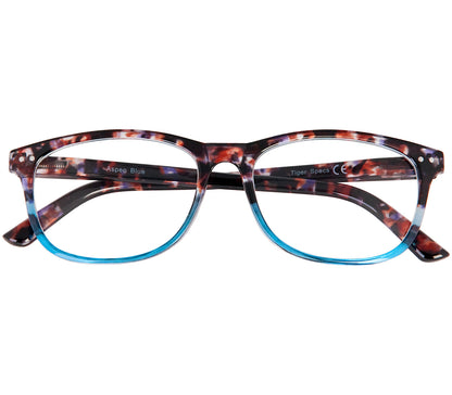 Aspen (Blue) women's retro style reading glasses. Multicoloured frames and a glossy finish. Large oval shaped lenses. Front view.