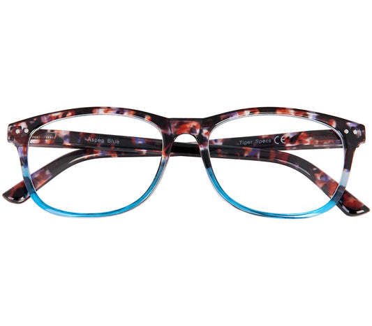 Aspen (Blue) women's retro style reading glasses. Multicoloured frames and a glossy finish. Large oval shaped lenses. Front view.