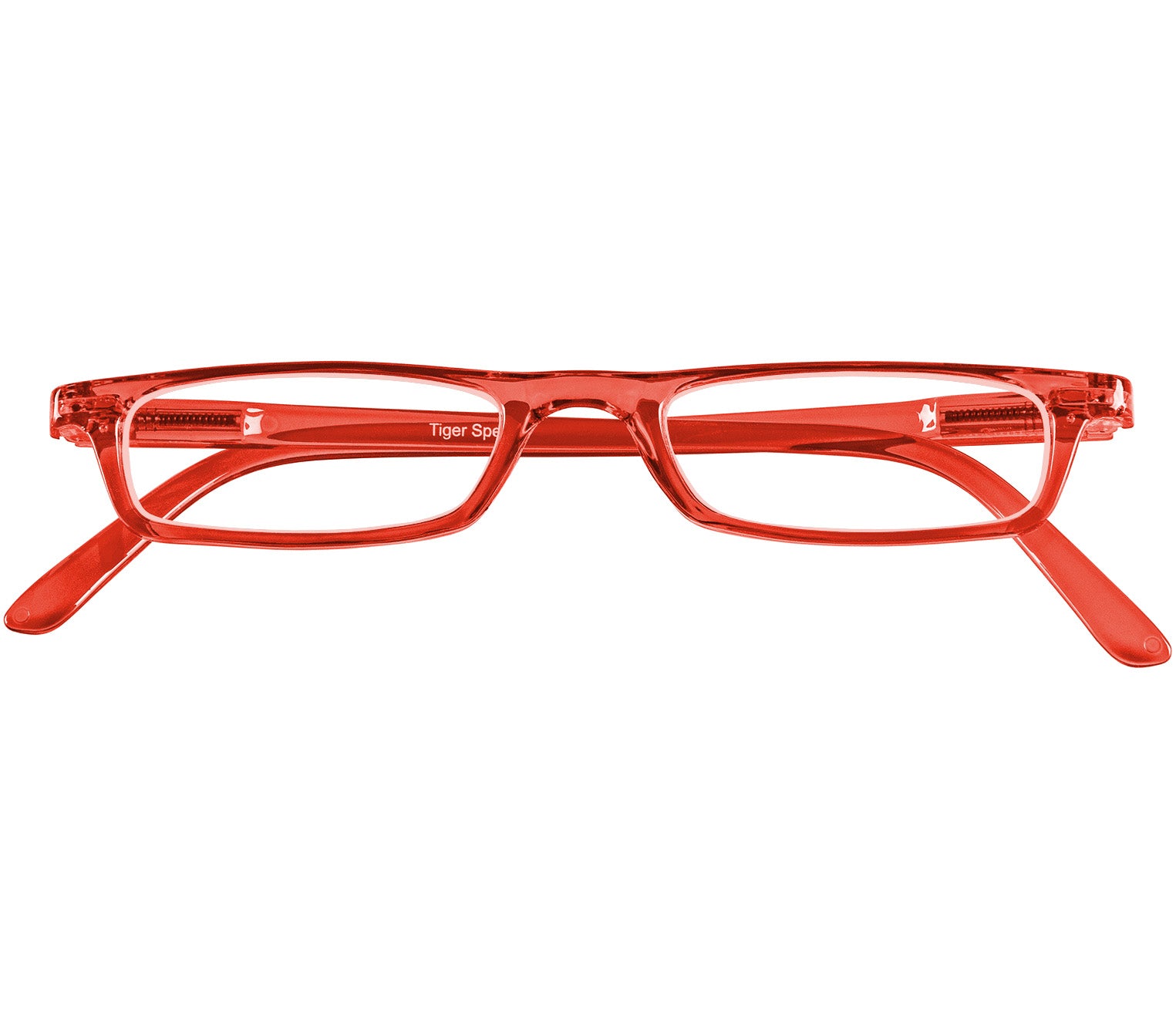 Mylo (Red) classic shape, slim reading glasses with red glossy frame. Front view.