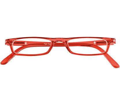 Mylo (Red) classic shape, slim reading glasses with red glossy frame. Front view.