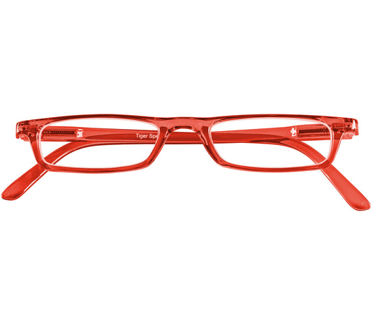 Mylo (Red) classic shape, slim reading glasses with red glossy frame. Front view.