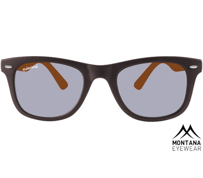 Valencia (Orange) classic wayfarer shaped sunglasses with a black and orange frame. Large oval, smoke grey lenses. Front view.