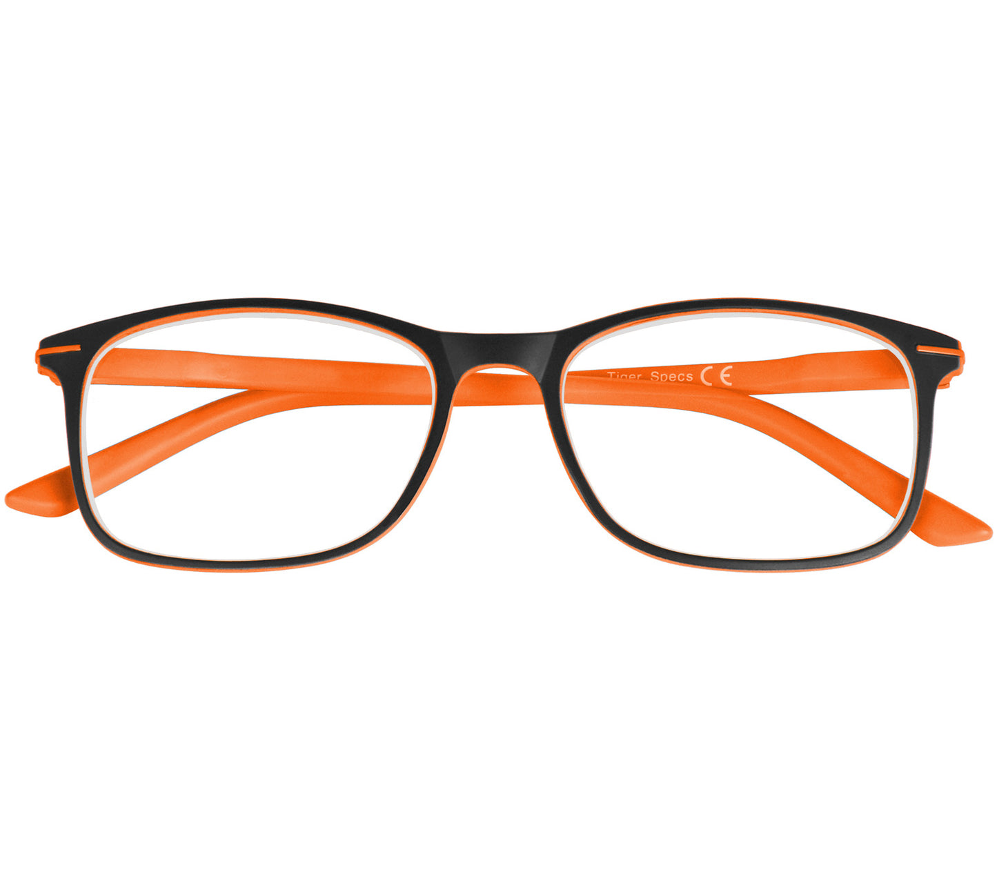 Jazz (Orange) classic shape reading glasses with rectangular lenses in a two tone orange and black frame. Front view.