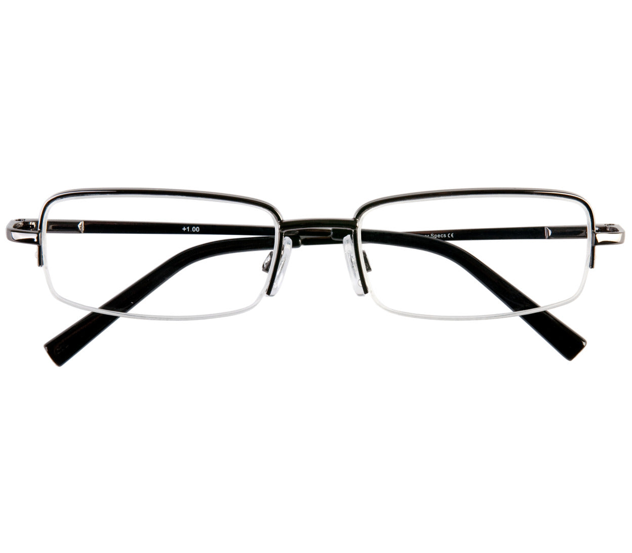 Westport (Gunmetal) classic semi-rimless reading glasses with slim rectangular lenses and gunmetal frame. Front view.