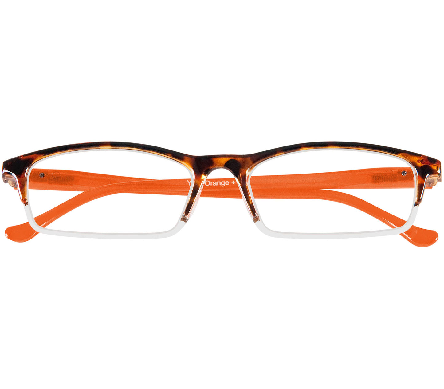 Yoyo (Orange) semi-rimless classic two tone reading glasses. With a tortoiseshell frame and orange temples. Front view.