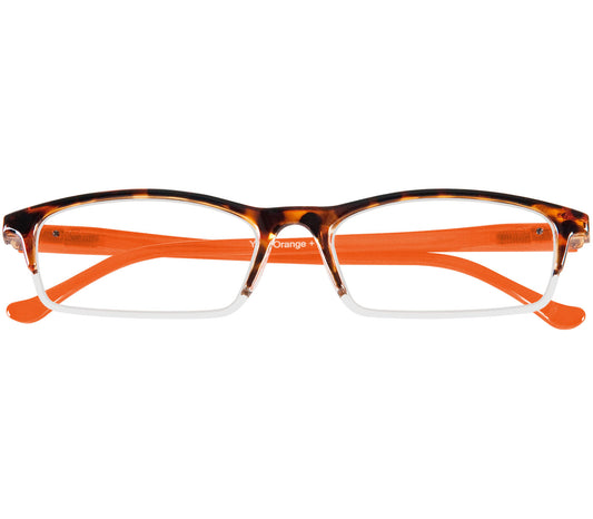 Yoyo (Orange) semi-rimless classic two tone reading glasses. With a tortoiseshell frame and orange temples. Front view.