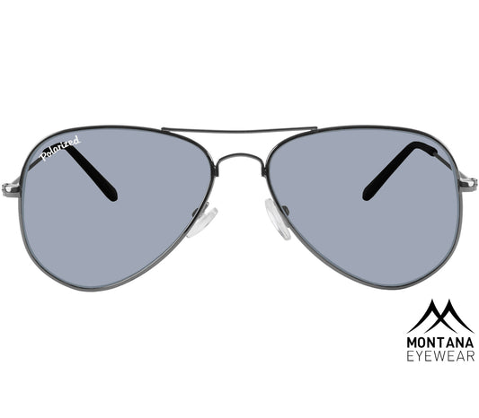 Uber (Gunmetal) classic aviator style sunglasses with large, grey tinted lenses and slender gunmetal frame. Front view.