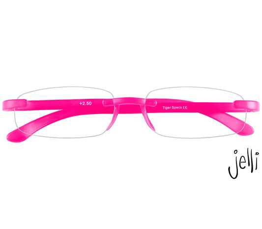 Jelli Neon (Pink) rimless, slim reading glasses with semi-translucent bright pink arms and bridge. Front view.