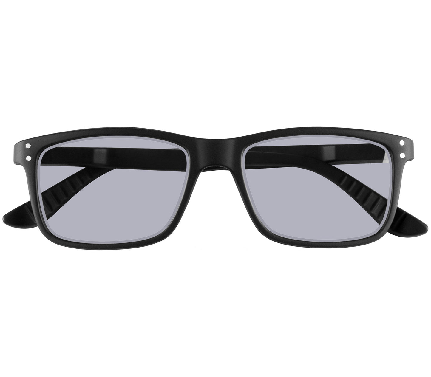 Lucca (Black) classic unisex reading glasses with a matt black frame and grey tinted lenses. Front view.