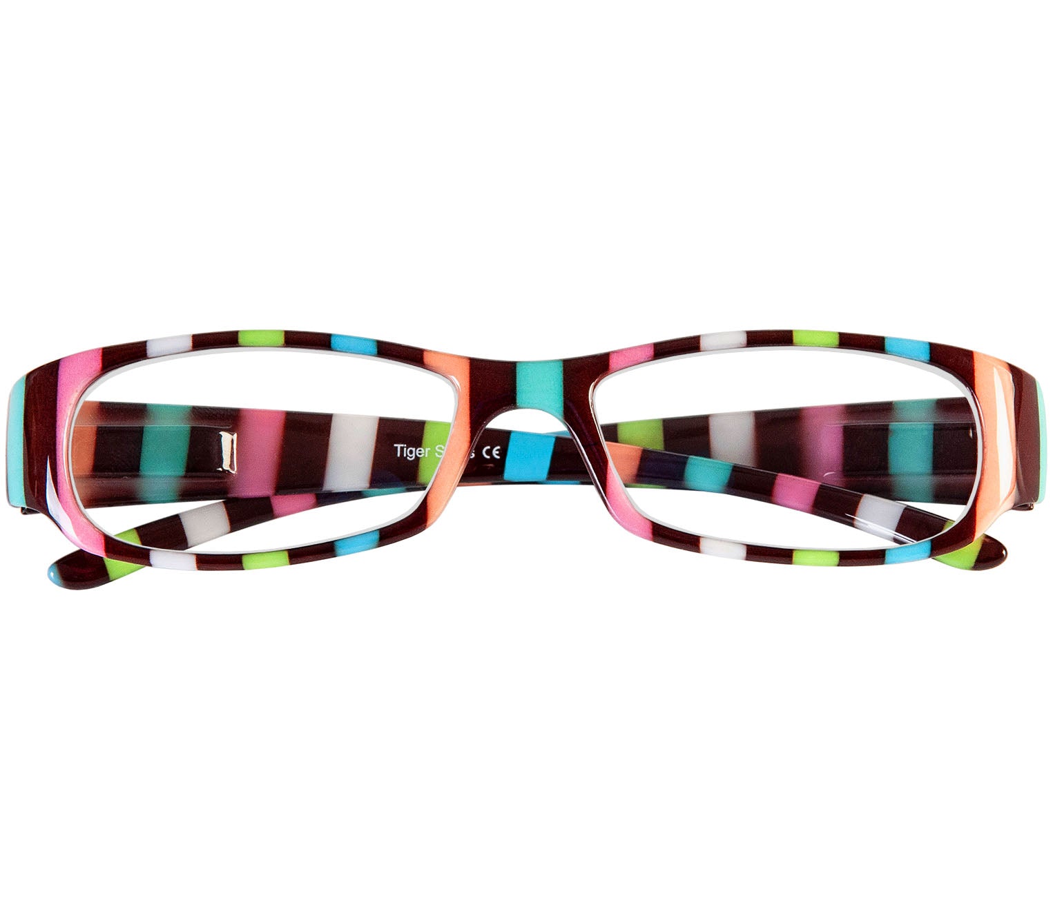 Shandy (Multi-coloured) classic women's reading glasses with striped multicoloured frames and a glossy finish. Front view.