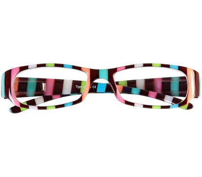 Shandy (Multi-coloured) classic women's reading glasses with striped multicoloured frames and a glossy finish. Front view.