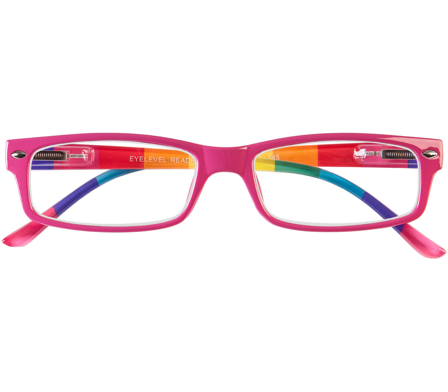 Prism (Multi-coloured) slim womens reading glasses with rectangular lenses. Bright pink frames and rainbow striped arms. Front view.