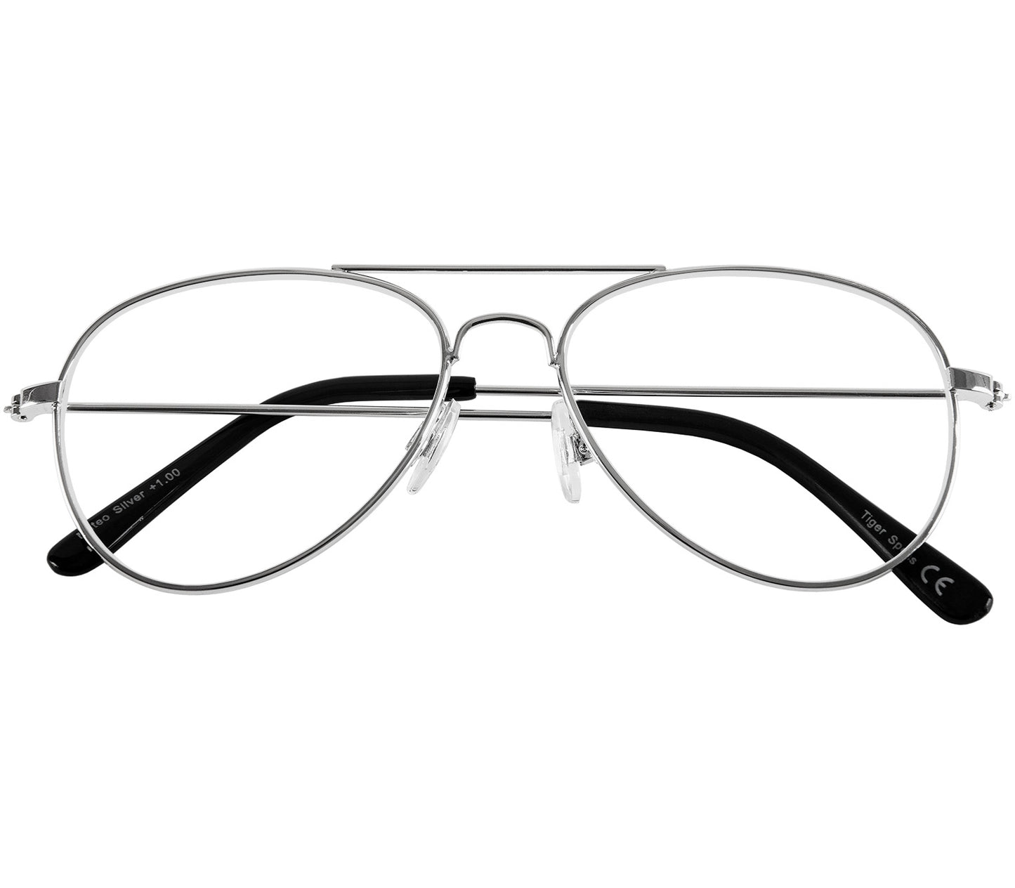 Mateo (Silver) classic aviator shaped reading glasses with a slim silver frame and oversized lenses. Front view.