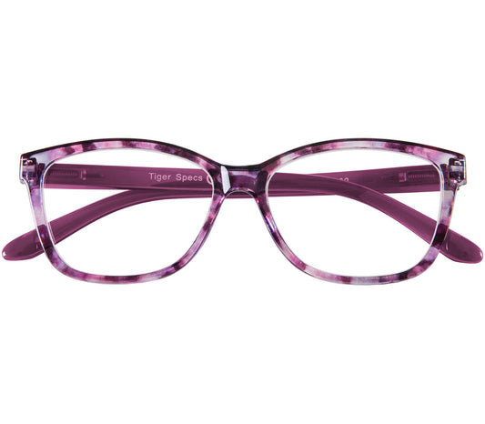 Courtney (Purple) women's cat eye shaped reading glasses with translucent purple frames. Front view.
