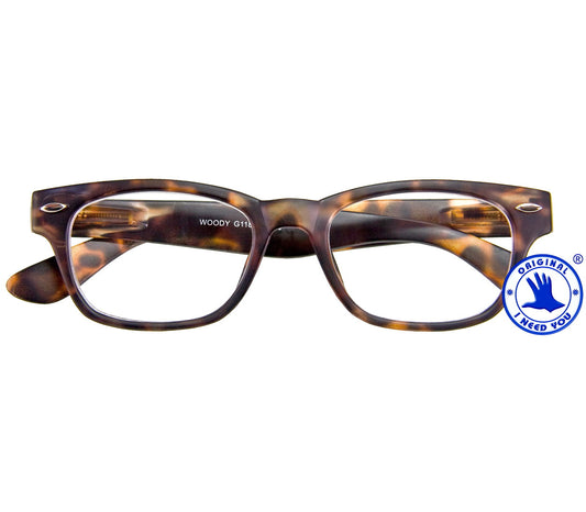 Woody (Tortoiseshell) retro wayfarer style reading glasses with a dark tortoiseshell frame and rivet details. Front view.