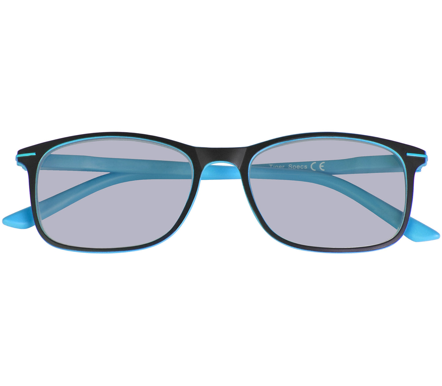 Esprit (Blue) sunglasses with two tone blue and black frames and temples. Classic shaped lenses with a smoke grey tint. Front view.