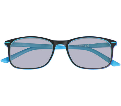 Esprit (Blue) sunglasses with two tone blue and black frames and temples. Classic shaped lenses with a smoke grey tint. Front view.