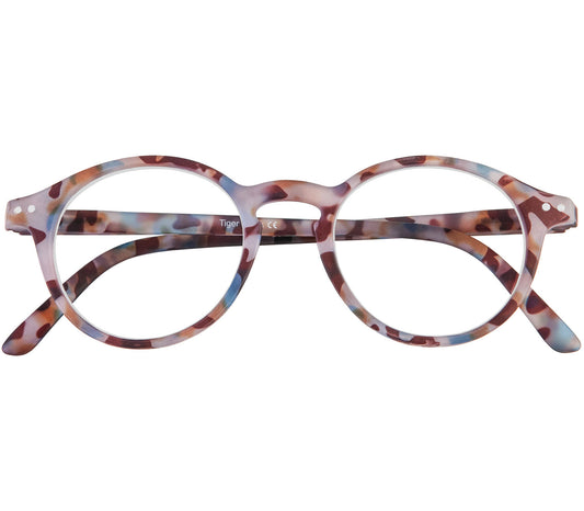 Oskar (Multi Tortoise) unisex reading glasses with large round lenses and a colourful tortoiseshell frame. Front view.