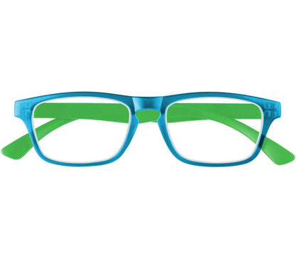 Metro (Blue) classic unisex reading glasses with oval lenses in a two tone blue and green frame. Front view.