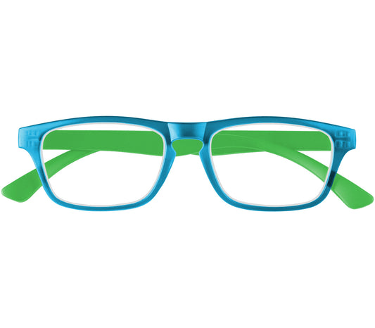Metro (Blue) classic unisex reading glasses with oval lenses in a two tone blue and green frame. Front view.