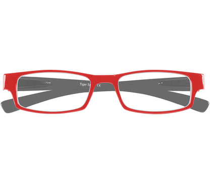 Magic (Red) classic slim unisex reading glasses in a glossy red and grey finish. Front view.