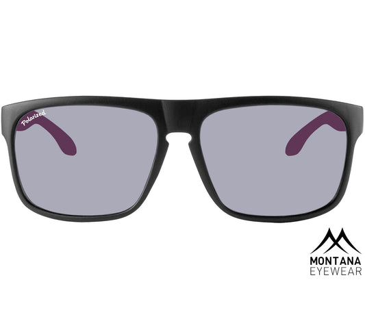 Radar (Pink) black and pink retro wayfarer sunglasses with large smoke grey lenses. Front view.