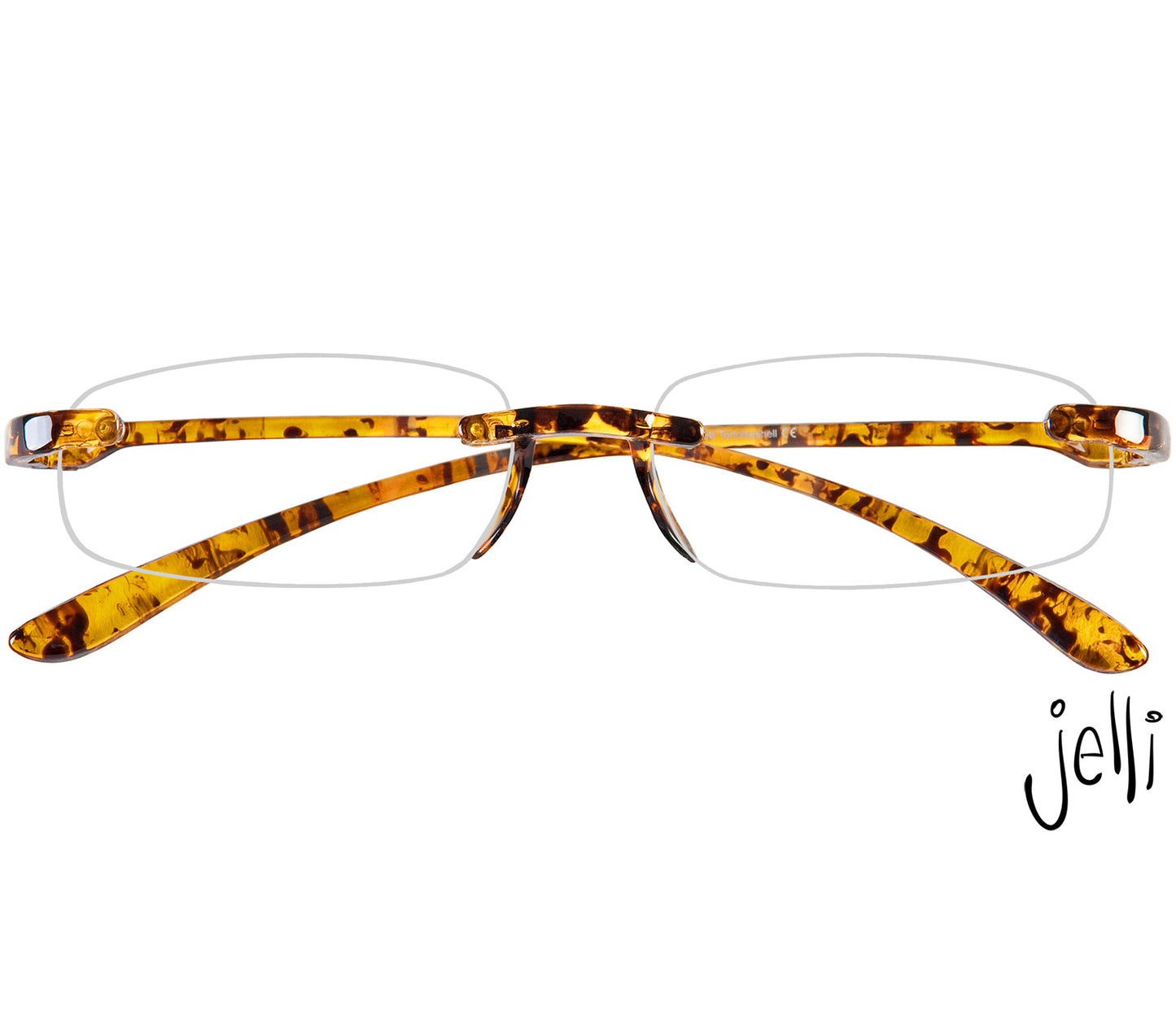 Jelli (Tortoiseshell) rimless, slim reading glasses with semi-translucent, tortoiseshell arms and bridge. Front view.