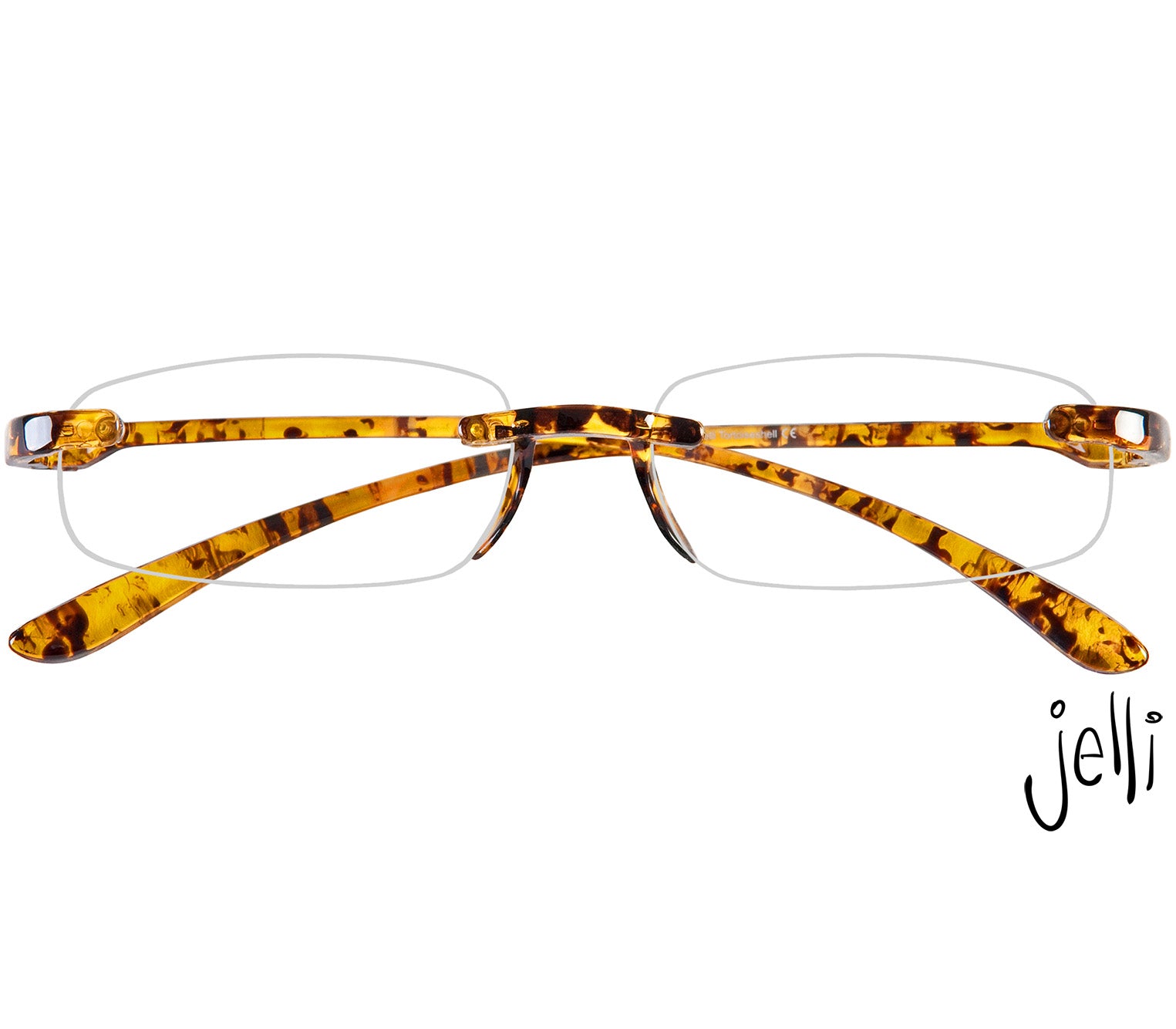 Jelli (Tortoiseshell) rimless, slim reading glasses with semi-translucent, tortoiseshell arms and bridge. Front view.