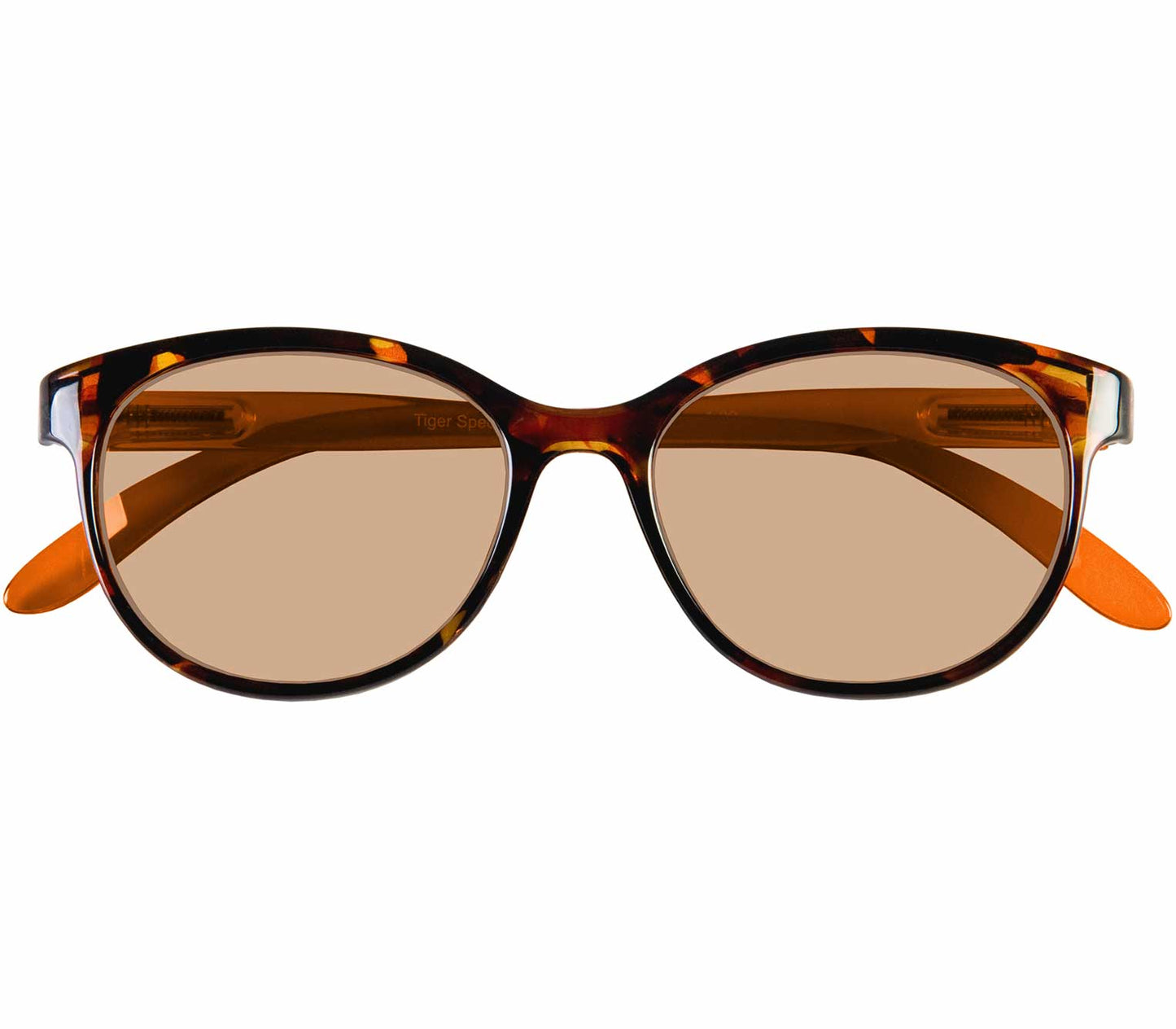 Female model wearing Mimi (Orange) cat eye shaped women's reading sunglasses with tortoiseshell frames and orange temples. Round, brown tinted lenses.