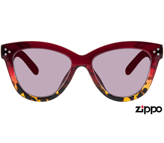 Sweetie (Red) two tone cat eye shaped sunglasses in red and tortoiseshell with Zippo branding. Front view.