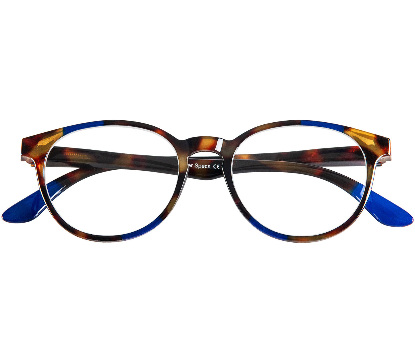 Marlow (Blue Tortoise) oval shaped reading glasses with a blue and brown tortoiseshell pattern and glossy finish. Front view.
