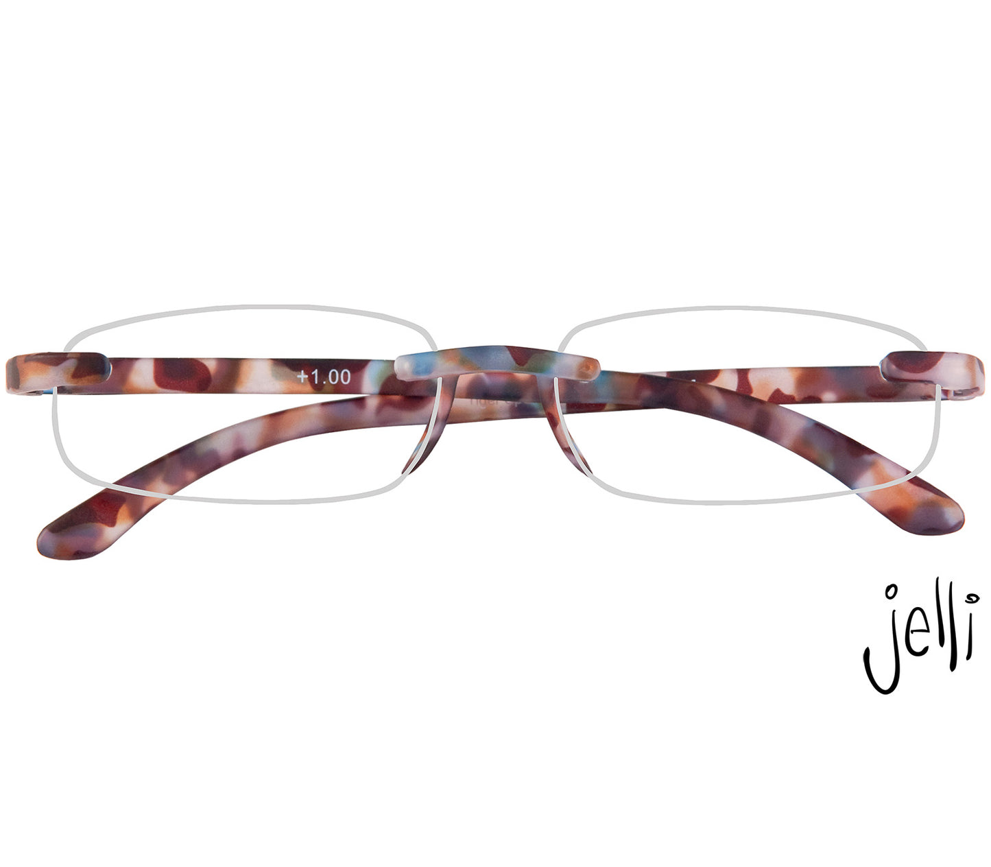 Jelli (Multi Tortoise) rimless, slim reading glasses with semi translucent, tortoiseshell arms and bridge. Front view.