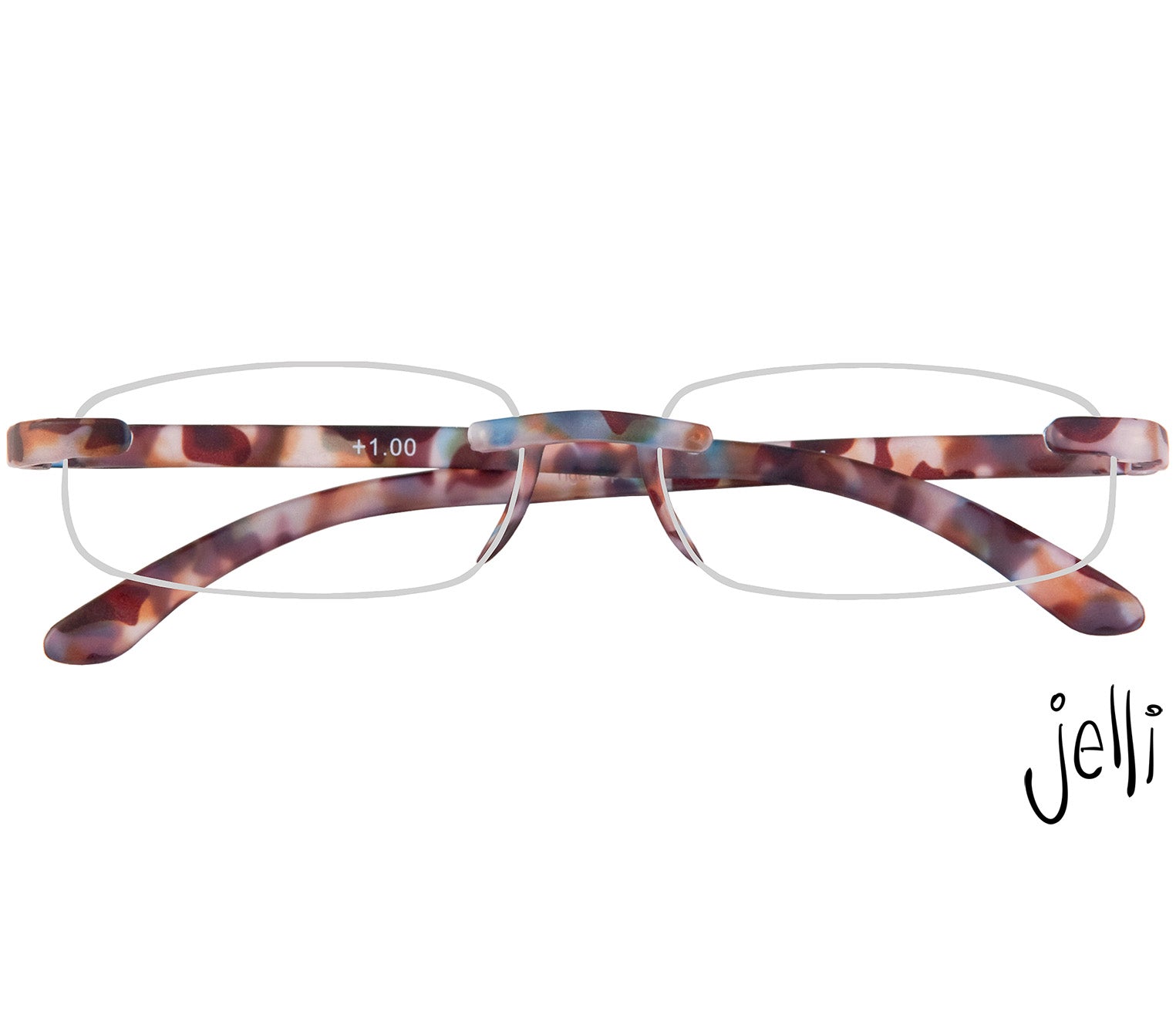 Jelli (Multi Tortoise) rimless, slim reading glasses with semi translucent, tortoiseshell arms and bridge. Front view.