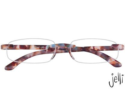 Jelli (Multi Tortoise) rimless, slim reading glasses with semi translucent, tortoiseshell arms and bridge. Front view.