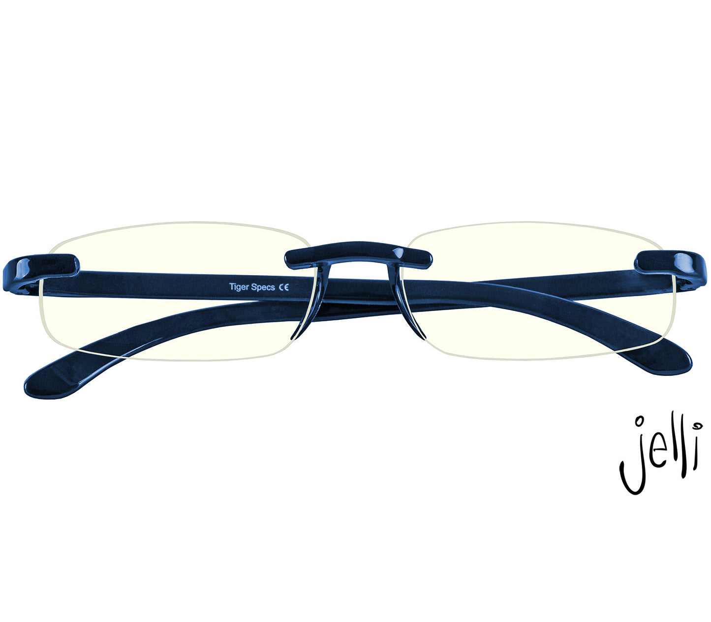 Jelli Digital (Blue) rimless, slim blue light reading glasses with dark blue arms and bridge. Front view.