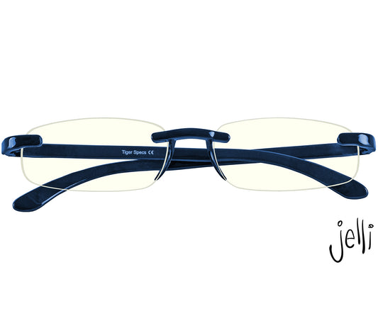Jelli Digital (Blue) rimless, slim blue light reading glasses with dark blue arms and bridge. Front view.