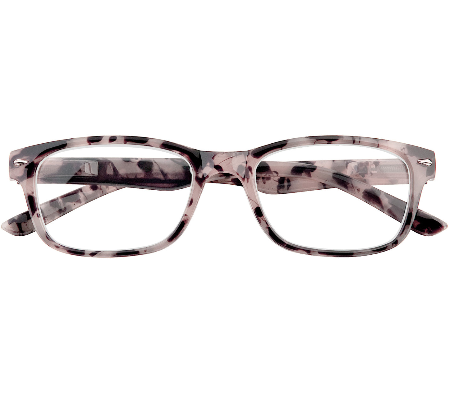 Zante (Tortoiseshell) classic shaped unisex reading glasses with a grey tortoiseshell pattern and rivet detailing. Front view.