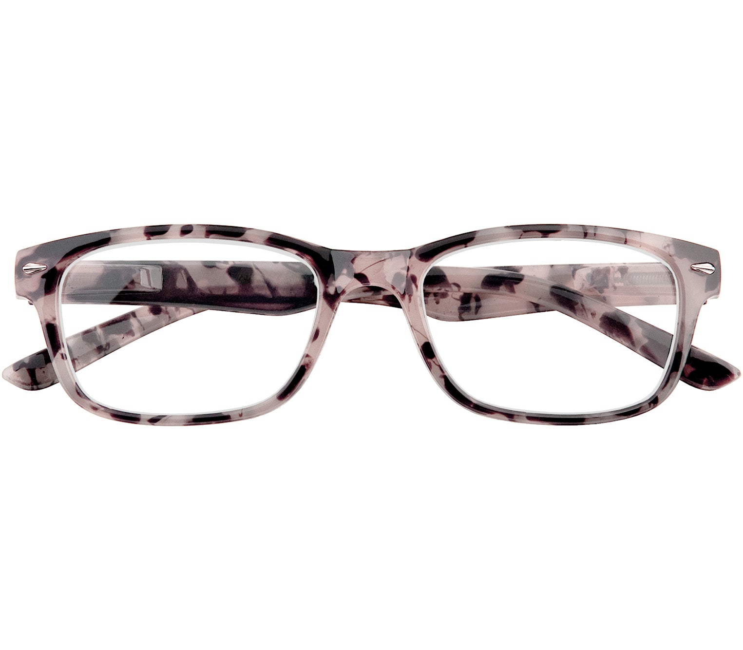 Zante (Tortoiseshell) classic shaped unisex reading glasses with a grey tortoiseshell pattern and rivet detailing. Front view.