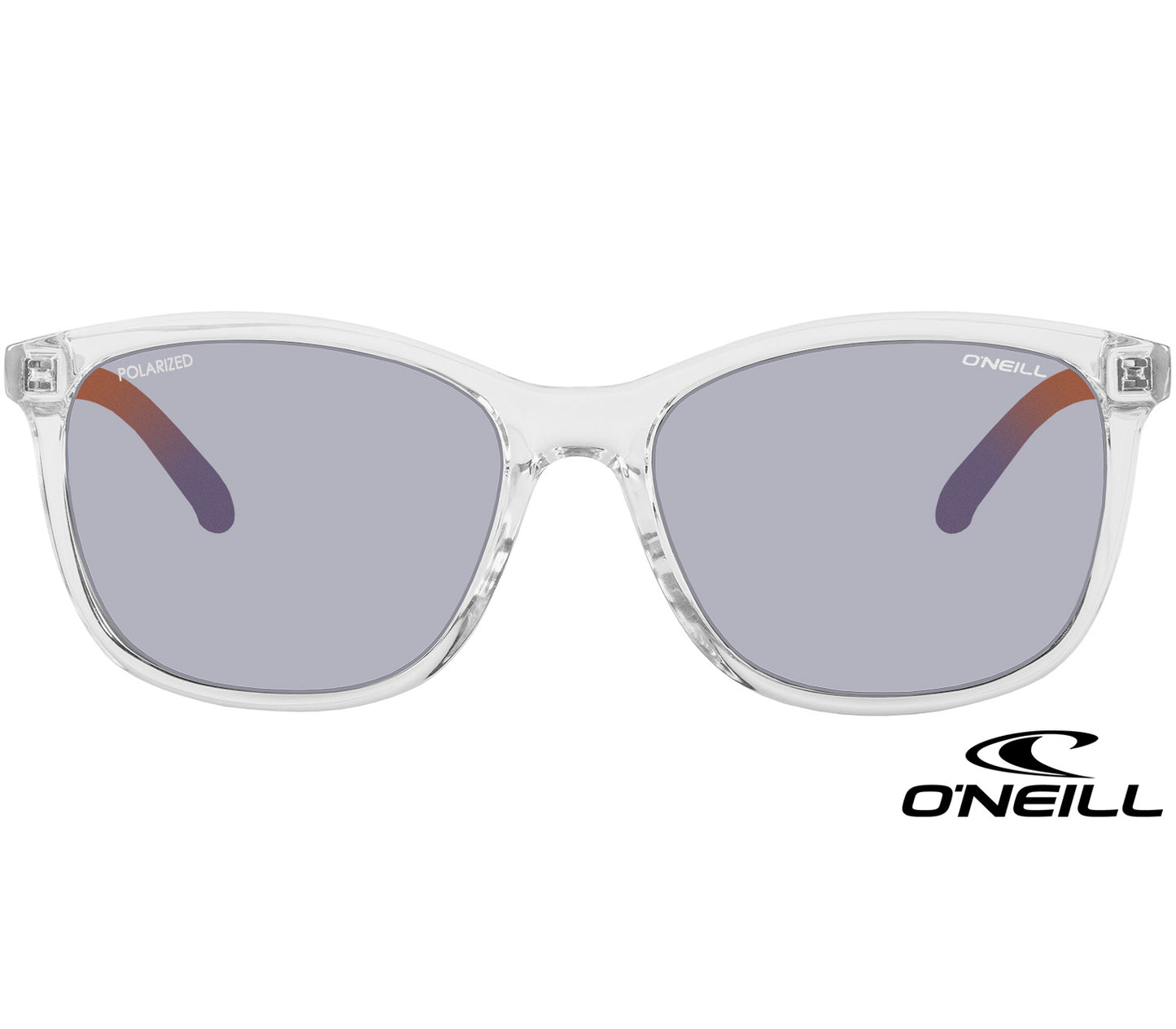Epic (Clear) wayfarer sunglasses by O'Neill. Clear body, grey tinted lenses and multicoloured striped arms. Front view.