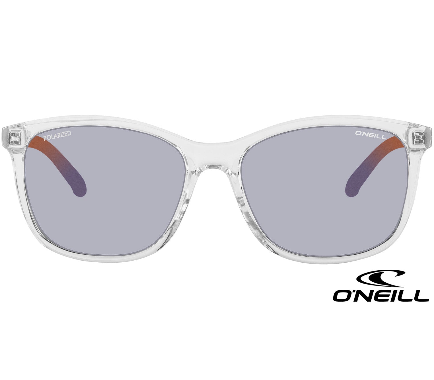 Epic (Clear) wayfarer sunglasses by O'Neill. Clear body, grey tinted lenses and multicoloured striped arms. Front view.