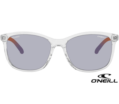 Epic (Clear) wayfarer sunglasses by O'Neill. Clear body, grey tinted lenses and multicoloured striped arms. Front view.