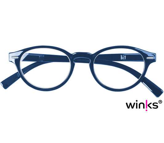 Espresso (Blue) unisex reading glasses with a dark blue frame and round, retro lenses. Front view.
