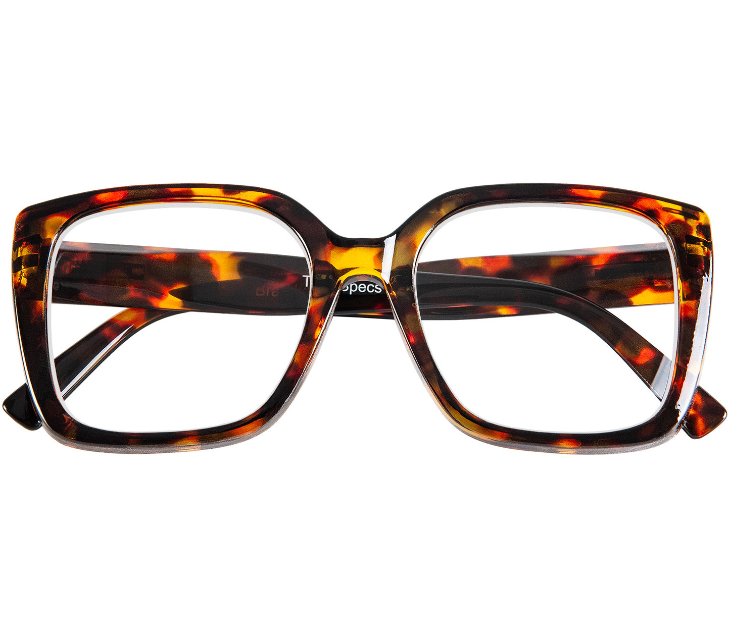 Brandy (Tortoiseshell) retro, oversized women's reading glasses. Deep tortoiseshell frames and chunky arms. Front view.