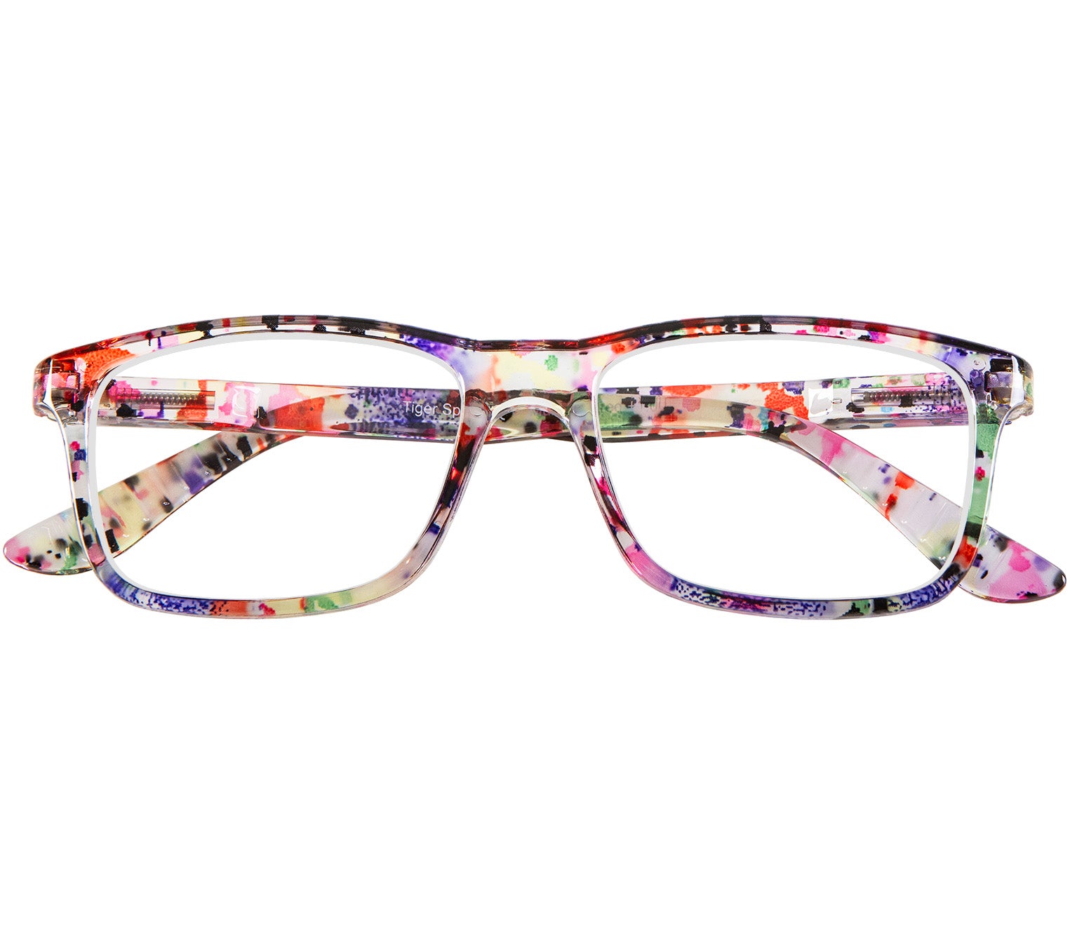Dexter (Multi-coloured) classic shape unisex reading glasses with a translucent, glossy multicoloured frame. Front view.