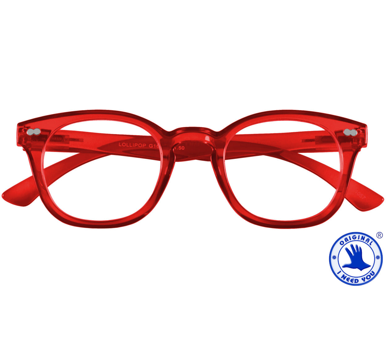 Lollipop (Red) chunky retro, unisex reading glasses. Bright red frames with rivet details. Front view.