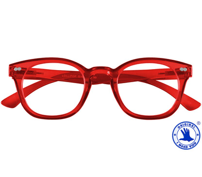 Lollipop (Red) chunky retro, unisex reading glasses. Bright red frames with rivet details. Front view.