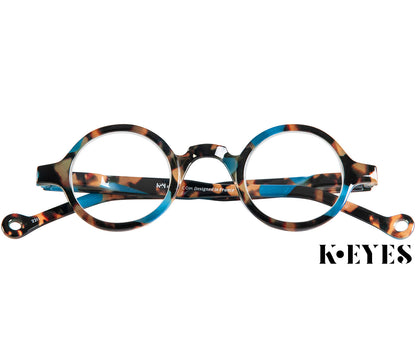 Snowball (Blue Tortoise) vintage style unisex reading glasses with round lenses and luxury blue tortoiseshell frame. Front view.
