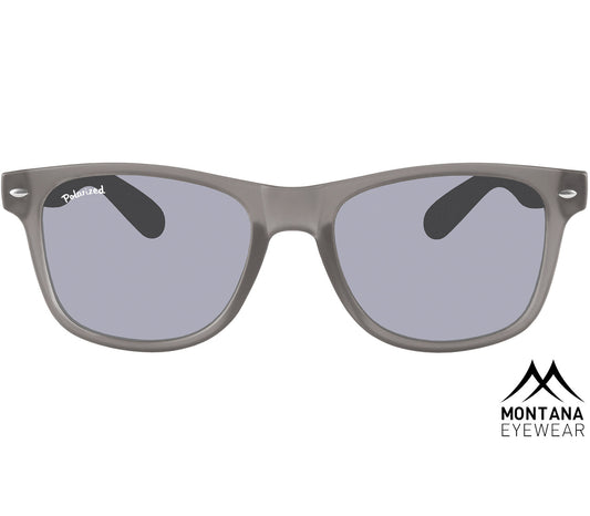 Osaka (Grey) classic wayfarer shape sunglasses with oval, grey tinted lenses and semi-translucent grey frames. Front view.